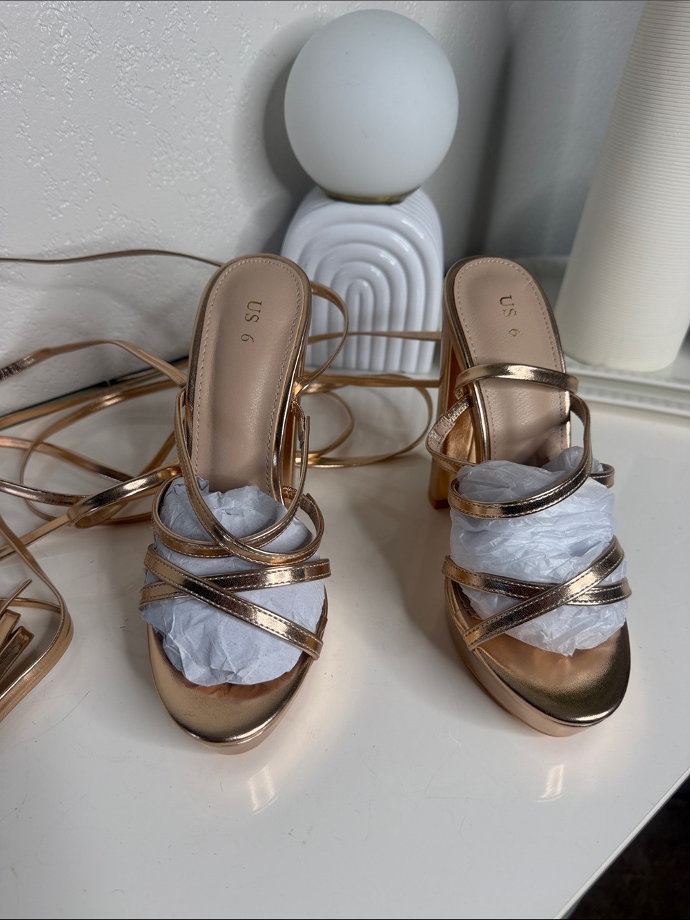 Metallic Rose Gold Strappy Block Heel Sandals - US 6
